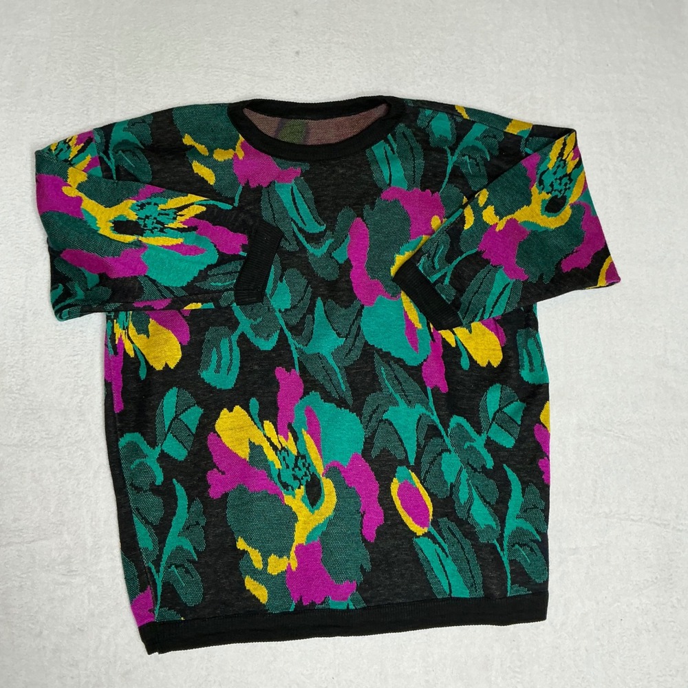 Vibrant Floral Print Crew Neck Long Sleeve Knit Sweater Black Multi Color - Picture 2 of 5